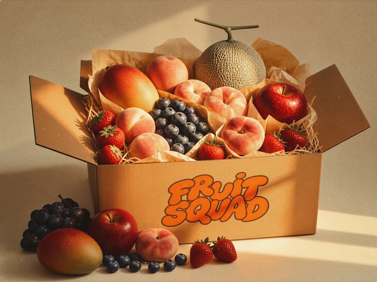 A Fruit Squad box packed with peaches, melon, berries, mango and apples